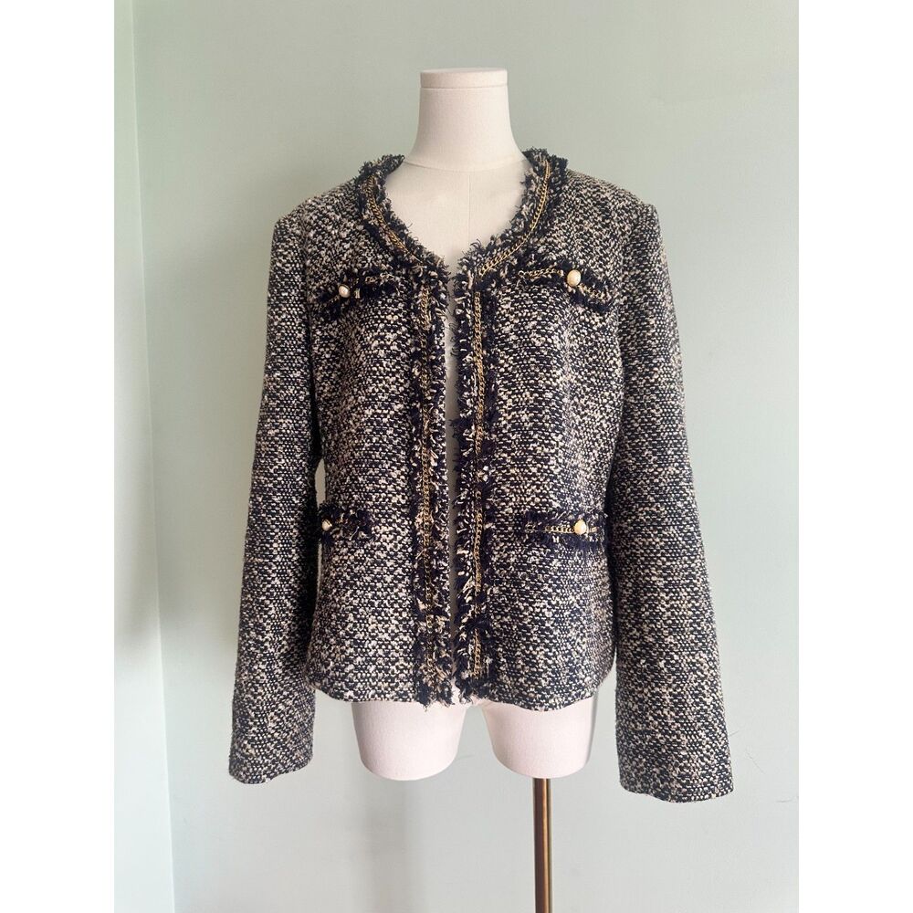Boston Proper Size 16 Metallic Tweed Jacket Gold Chain Trim NWOT